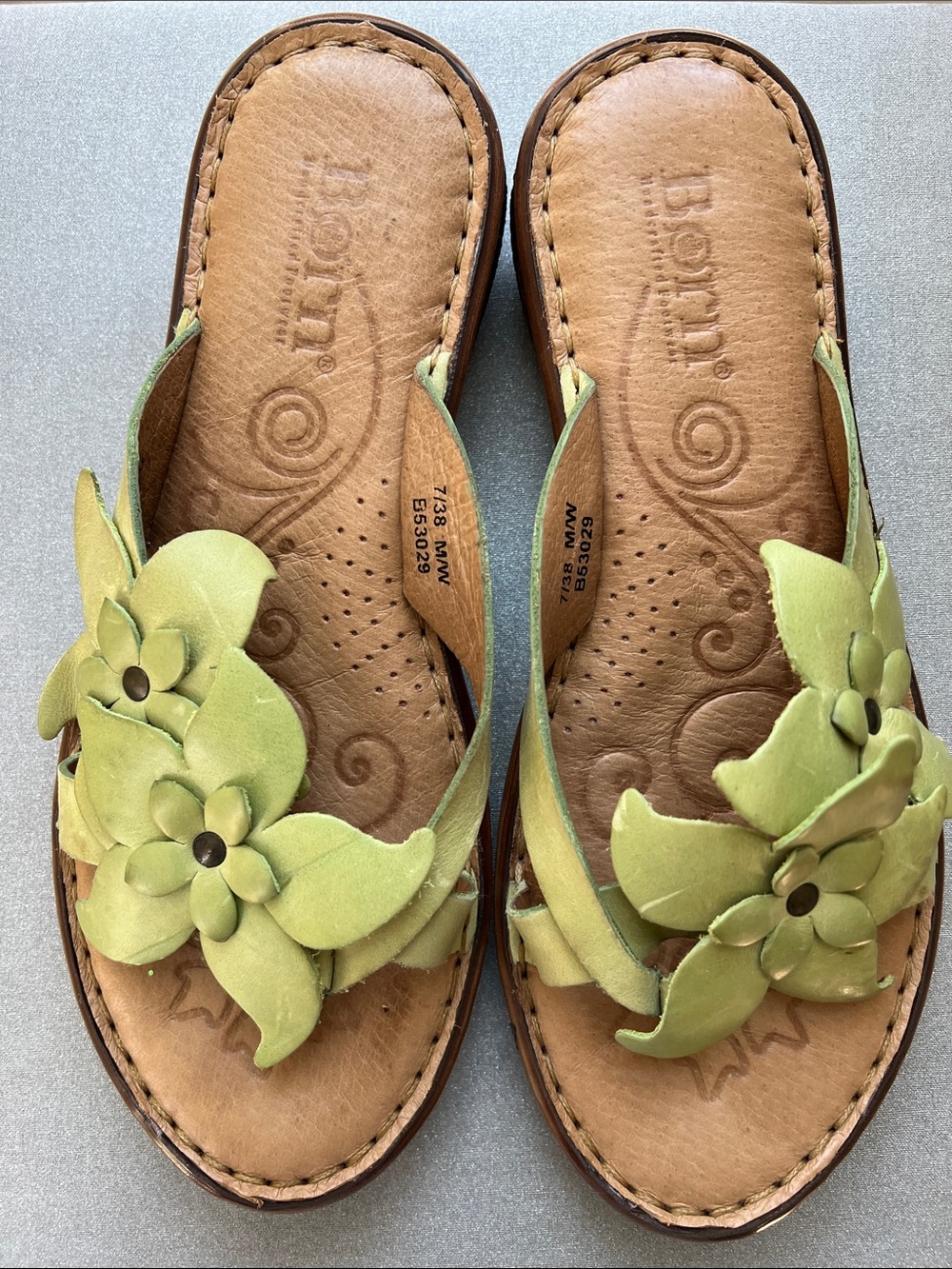 Born | Lime Green Floral Leather Slide Sandals